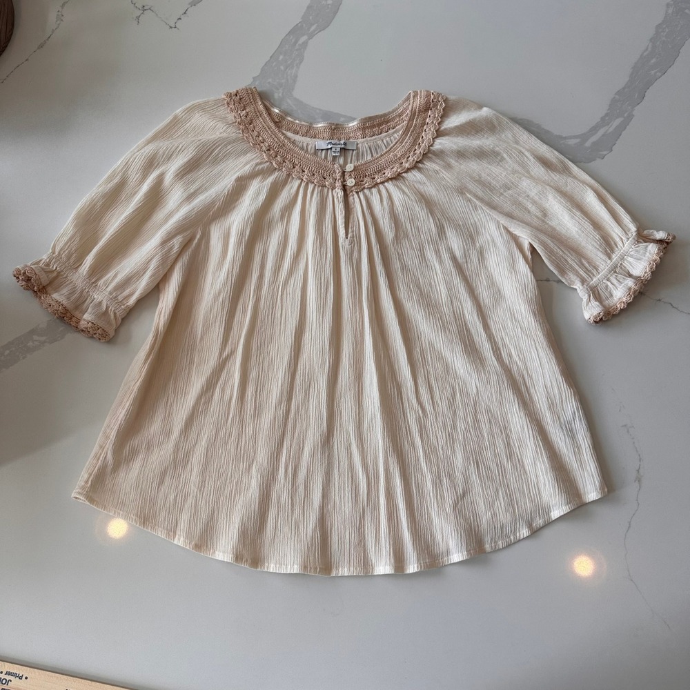 Madewell Crochet Trim Cotton Gauze Blouse Cream Tan Short Sleeve S